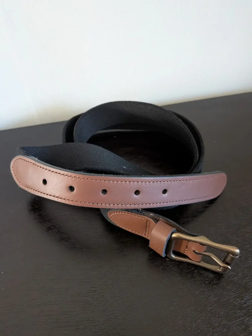 Lands' End Men's Stretch Belt Size 44 Black Elastic Cognac Leather Buckle